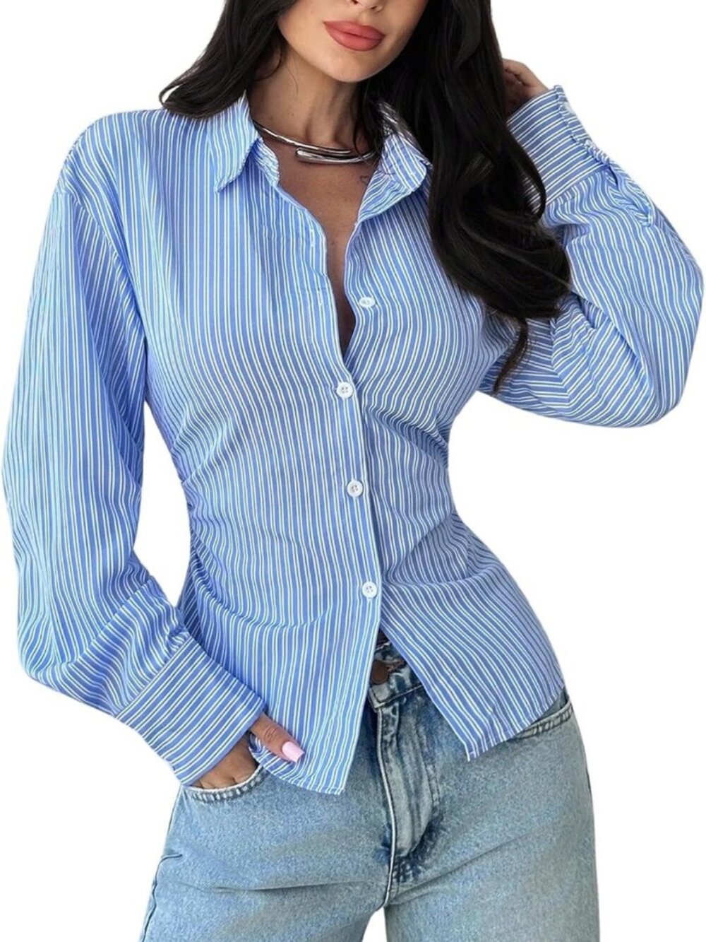 Chic Striped Button Down Blouse with Cinched Waist & Long Sleeves for Women